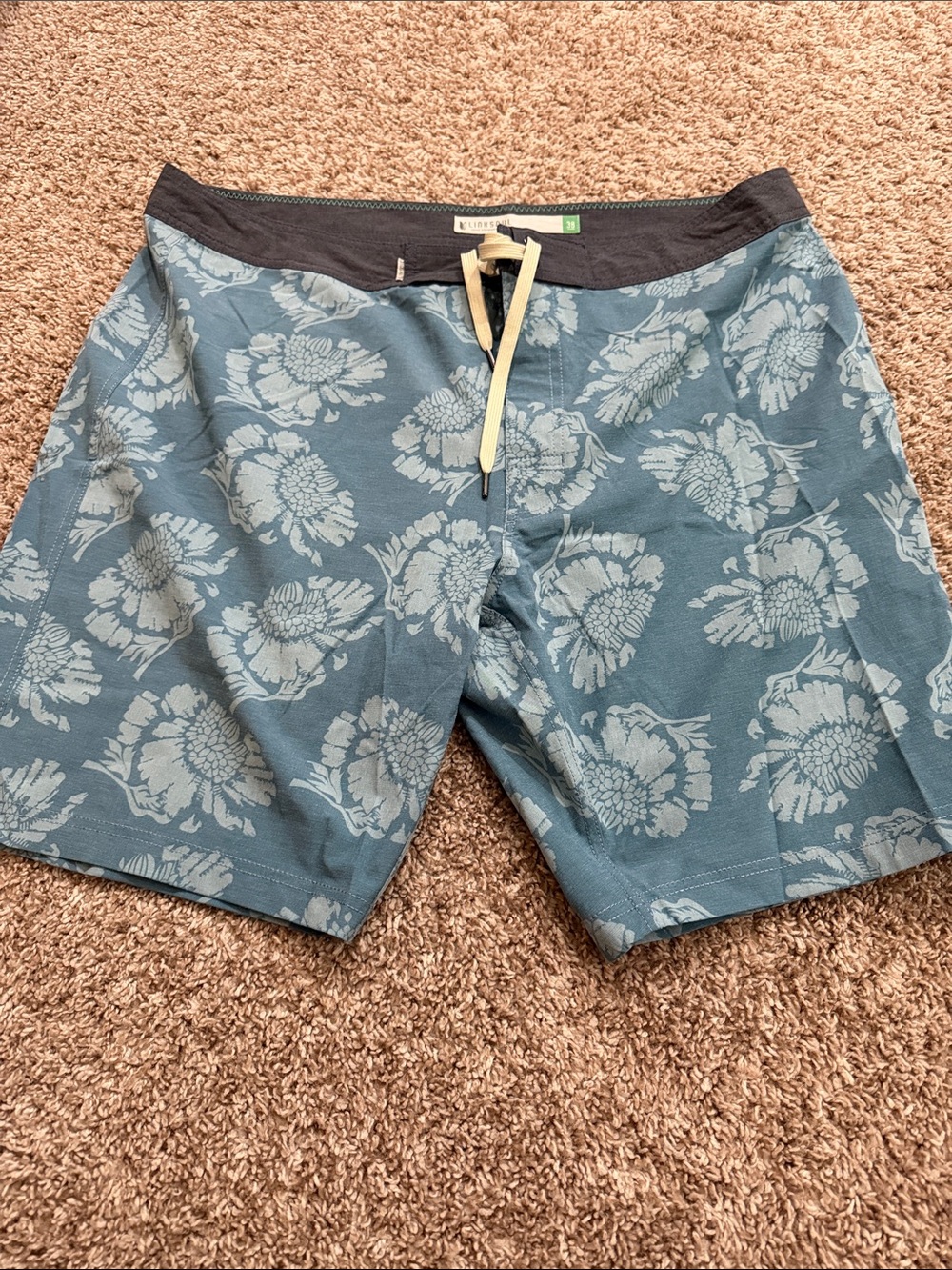 Linksoul Teal Floral Board Shorts with Black Waistband and Cream Drawcord